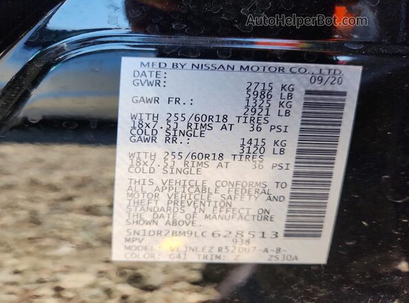 5N1DR2BM9LC628513 2020 NISSAN PATHFINDER Черный Вид наклейки с VIN-кодом