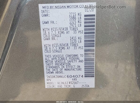 5N1DR2BMXLC604074 2020 NISSAN PATHFINDER Gray Engine compartment view