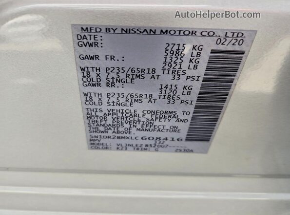 5N1DR2BMXLC608416 2020 NISSAN PATHFINDER Серебряный Вид наклейки с VIN-кодом