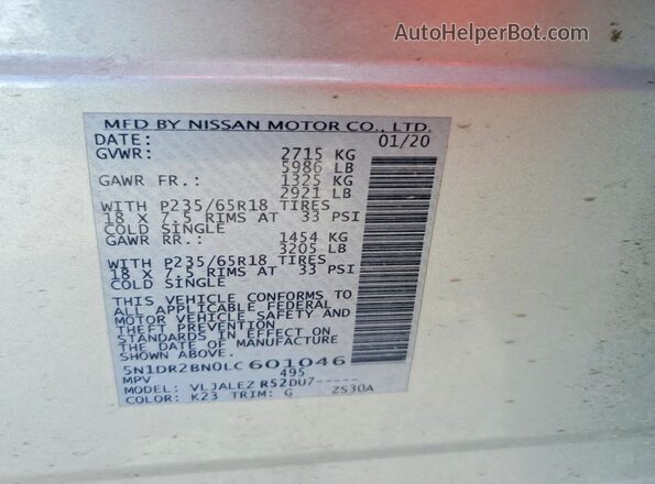 5N1DR2BN0LC601046 2020 NISSAN PATHFINDER Silver VIN sticker view