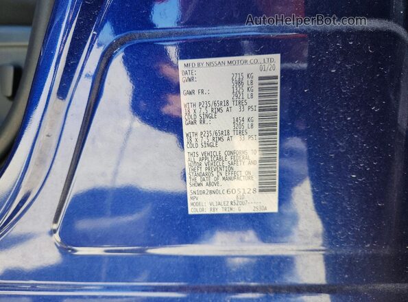5N1DR2BN0LC605128 2020 NISSAN PATHFINDER Blue Вид наклейки з VIN-кодом