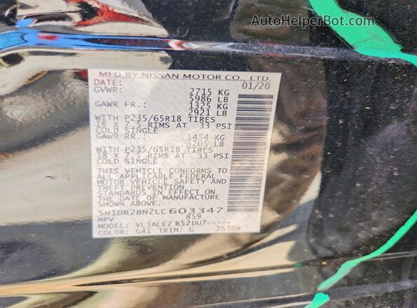 5N1DR2BN2LC603347 2020 NISSAN PATHFINDER Black VIN կոդի պիտակի տեսք