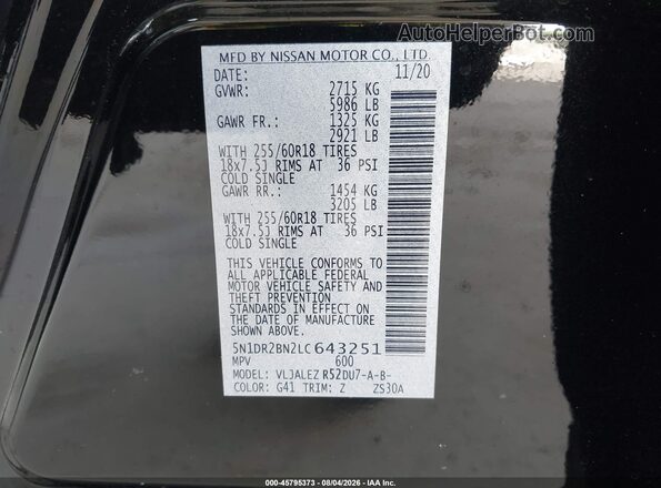 5N1DR2BN2LC643251 2020 NISSAN PATHFINDER Black Vista del compartimento del motor