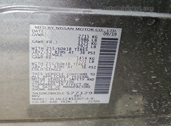 5N1DR2BN3LC577129 2020 NISSAN PATHFINDER Серый Вид наклейки с VIN-кодом
