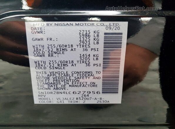 5N1DR2BN4LC627956 2020 NISSAN PATHFINDER Black Vista del compartimento del motor