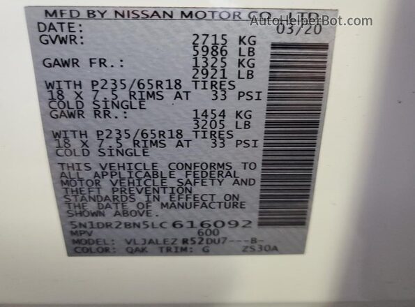 5N1DR2BN5LC616092 2020 NISSAN PATHFINDER White VIN კოდის სტიკერის ხედი