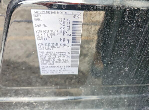 5N1DR2CM2LC614869 2020 NISSAN PATHFINDER Black VIN კოდის სტიკერის ხედი