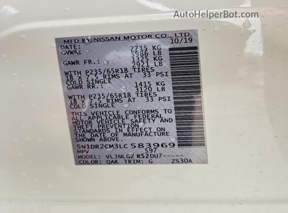 5N1DR2CM3LC583969 2020 NISSAN PATHFINDER White VIN sticker view