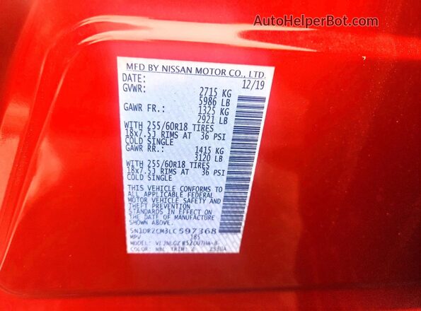 5N1DR2CM3LC597368 2020 NISSAN PATHFINDER Red VIN sticker view