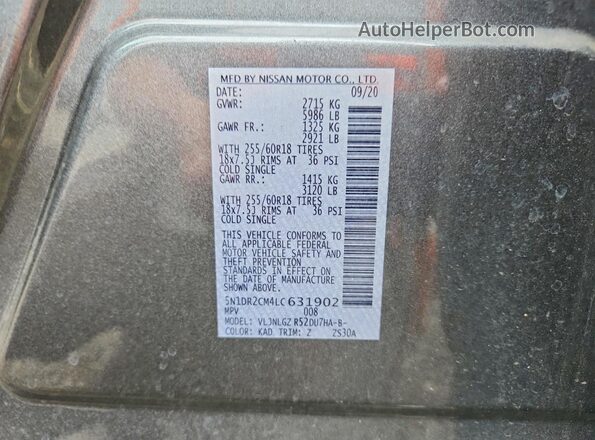 5N1DR2CM4LC631902 2020 NISSAN PATHFINDER Silver VIN կոդի պիտակի տեսք