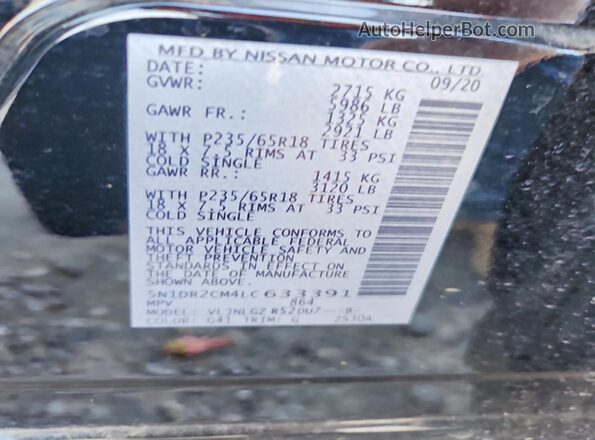 5N1DR2CM4LC633391 2020 NISSAN PATHFINDER Black VIN კოდის სტიკერის ხედი