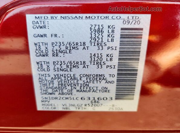 5N1DR2CM5LC631603 2020 NISSAN PATHFINDER Red Widok naklejki z numerem VIN