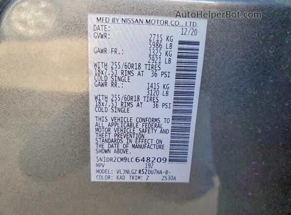 5N1DR2CM9LC648209 2020 NISSAN PATHFINDER Gray Вид наклейки з VIN-кодом