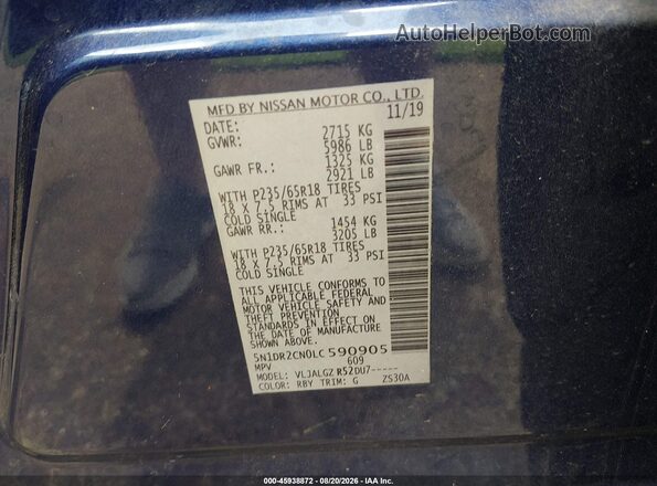 5N1DR2CN0LC590905 2020 NISSAN PATHFINDER Blue Widok komory silnika