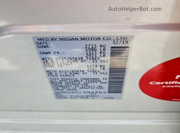 5N1DR2CN7LC594465 2020 NISSAN PATHFINDER Silver Widok naklejki z numerem VIN