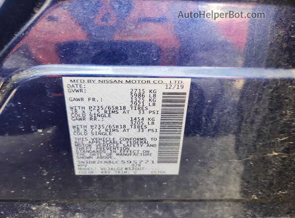 5N1DR2CN8LC595771 2020 NISSAN PATHFINDER Blue Vista de la etiqueta del VIN