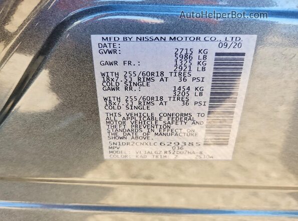 5N1DR2CNXLC629385 2020 NISSAN PATHFINDER Gray Vista de la etiqueta del VIN
