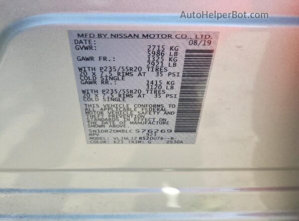 5N1DR2DM8LC576269 2020 NISSAN PATHFINDER Silver Widok wnętrza 360 stopni