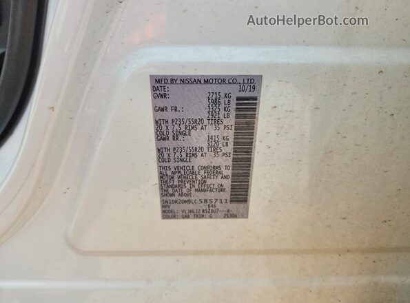 5N1DR2DM9LC585711 2020 NISSAN PATHFINDER White Vista de la etiqueta del VIN