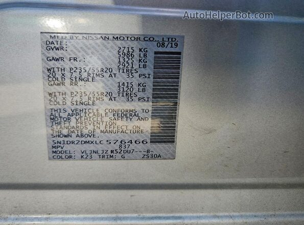 5N1DR2DMXLC576466 2020 NISSAN PATHFINDER Серебряный Вид подкапотного пространства