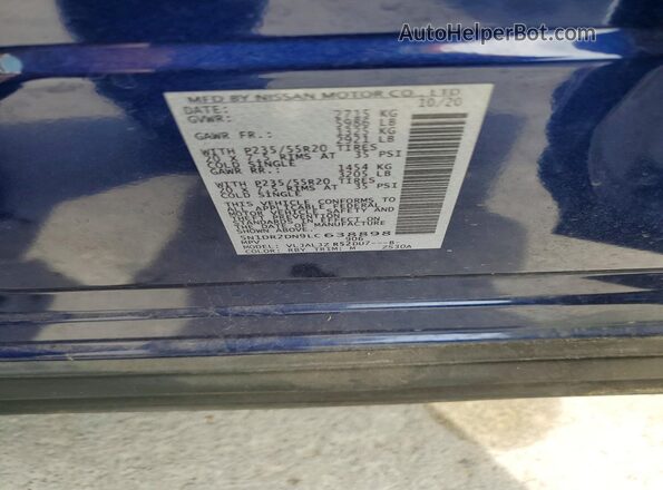 5N1DR2DN9LC638898 2020 NISSAN PATHFINDER Blue Vista de la etiqueta del VIN