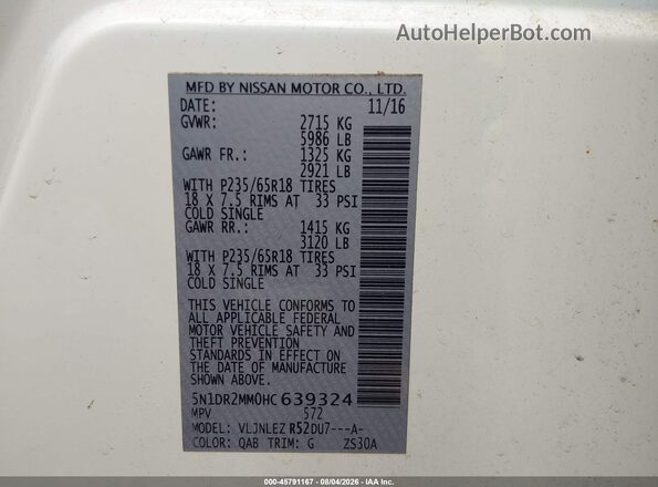 5N1DR2MM0HC639324 2017 NISSAN PATHFINDER White ძრავის განყოფილების ხედი