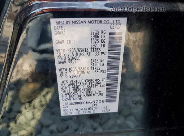 5N1DR2MM0HC668709 2017 NISSAN PATHFINDER Black VIN կոդի պիտակի տեսք