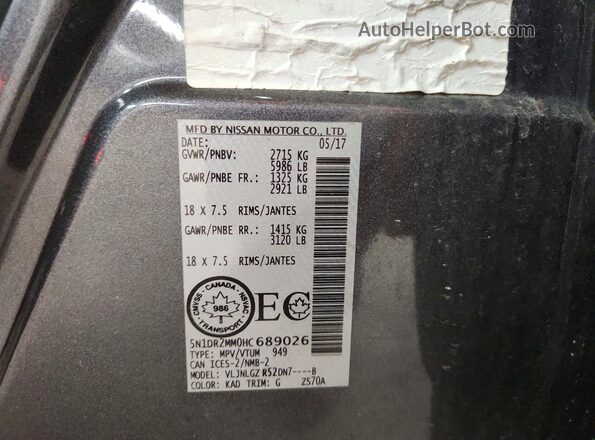 5N1DR2MM0HC689026 2017 NISSAN PATHFINDER Charcoal VIN კოდის სტიკერის ხედი
