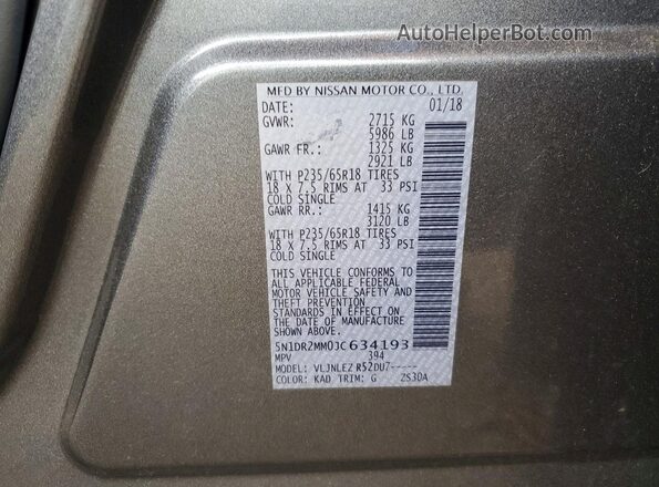 5N1DR2MM0JC634193 2018 NISSAN PATHFINDER Gray Widok naklejki z numerem VIN
