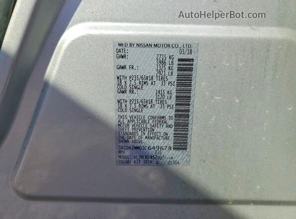 5N1DR2MM0JC649678 2018 NISSAN PATHFINDER Silver სალონის 360-გრადუსიანი ხედი