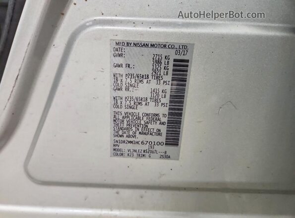 5N1DR2MM1HC670100 2017 NISSAN PATHFINDER Silver Вид наклейки з VIN-кодом