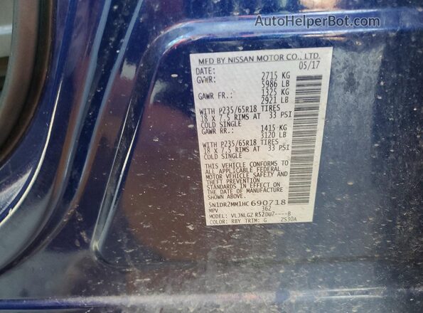 5N1DR2MM1HC690718 2017 NISSAN PATHFINDER Blue Вид наклейки з VIN-кодом
