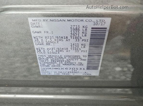 5N1DR2MM1JC620531 2018 NISSAN PATHFINDER Gray VIN sticker view