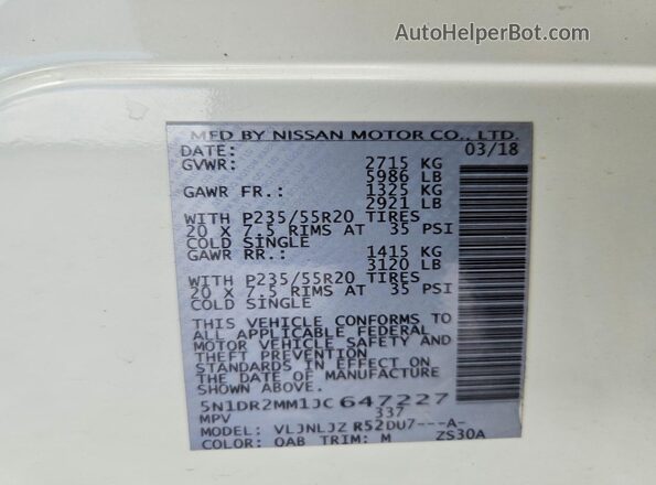 5N1DR2MM1JC647227 2018 NISSAN PATHFINDER White სალონის 360-გრადუსიანი ხედი