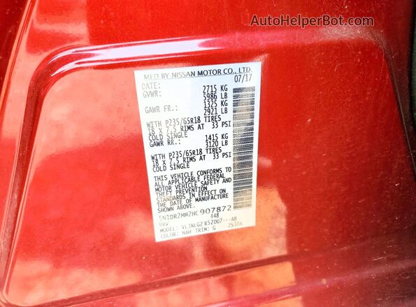 5N1DR2MM2HC907872 2017 NISSAN PATHFINDER Maroon VIN sticker view