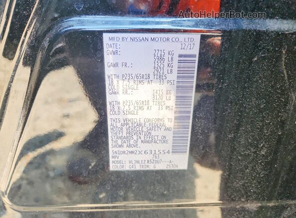 5N1DR2MM2JC631554 2018 NISSAN PATHFINDER Black VIN sticker view