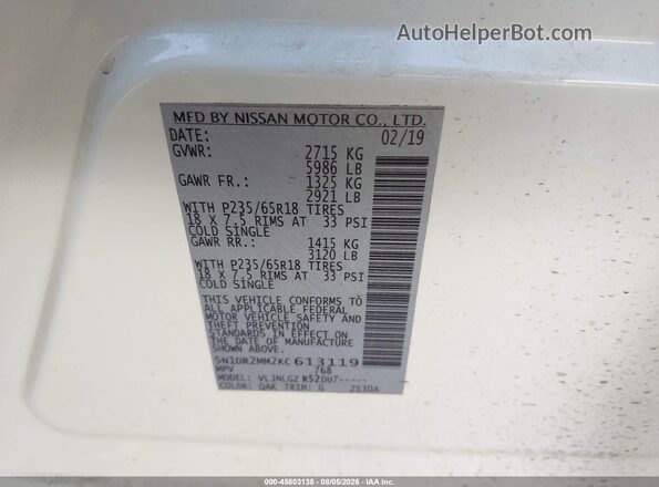 5N1DR2MM2KC613119 2019 NISSAN PATHFINDER White ძრავის განყოფილების ხედი