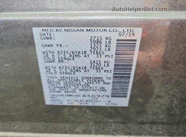 5N1DR2MM2KC650929 2019 NISSAN PATHFINDER Gray Vista de la etiqueta del VIN