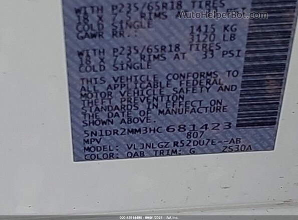 5N1DR2MM3HC681423 2017 NISSAN PATHFINDER White Vista del compartimento del motor