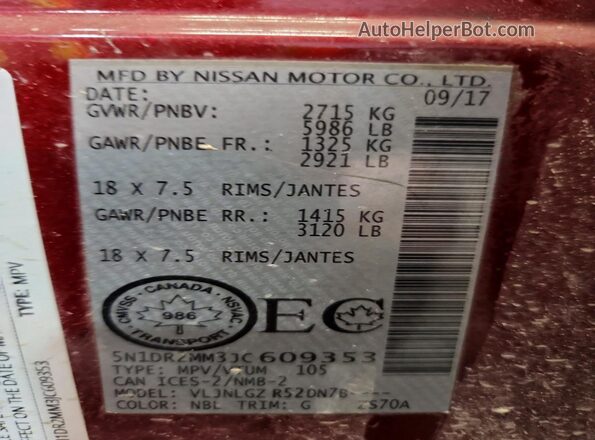 5N1DR2MM3JC609353 2018 NISSAN PATHFINDER Burgundy VIN კოდის სტიკერის ხედი