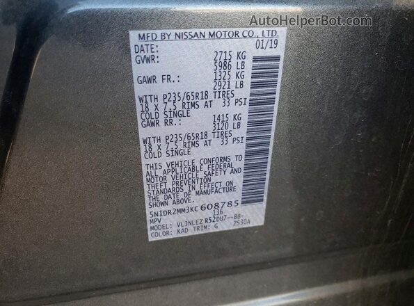 5N1DR2MM3KC608785 2019 NISSAN PATHFINDER Gray Вид наклейки з VIN-кодом