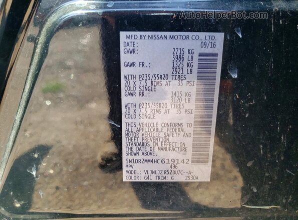 5N1DR2MM4HC619142 2017 NISSAN PATHFINDER Черный Вид наклейки с VIN-кодом
