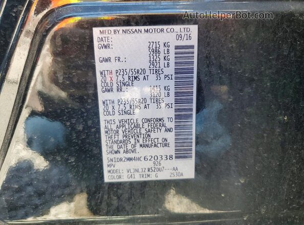 5N1DR2MM4HC620338 2017 NISSAN PATHFINDER Black Вид наклейки з VIN-кодом