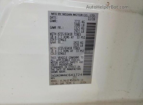 5N1DR2MM4HC641724 2017 NISSAN PATHFINDER White Vista de la etiqueta del VIN