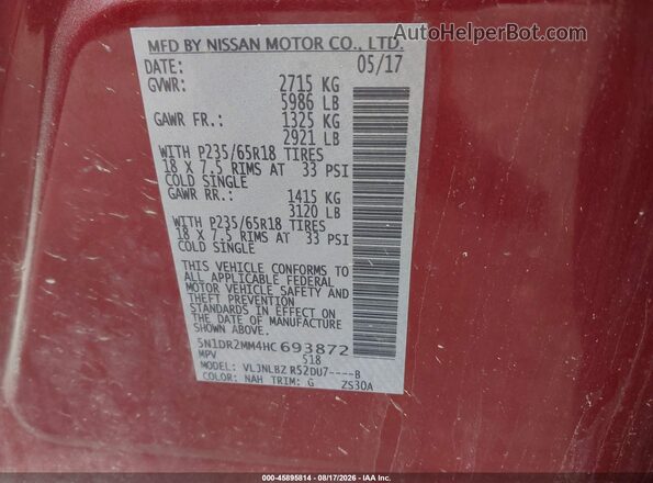 5N1DR2MM4HC693872 2017 NISSAN PATHFINDER Красный Вид подкапотного пространства