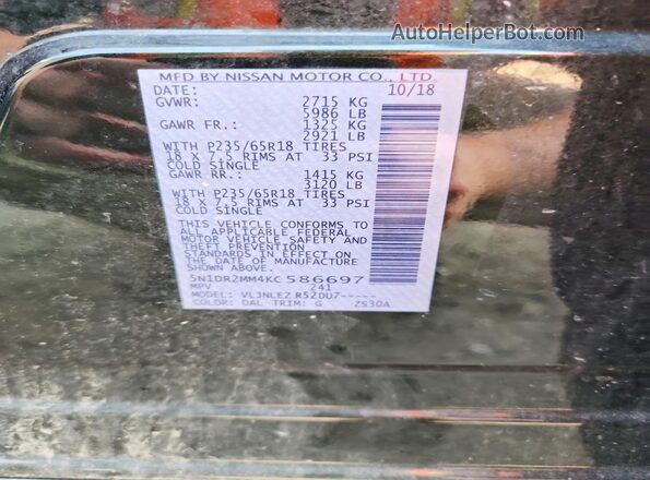 5N1DR2MM4KC586697 2019 NISSAN PATHFINDER Black Widok naklejki z numerem VIN