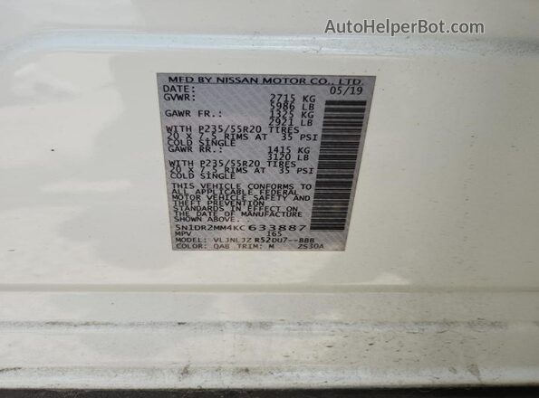 5N1DR2MM4KC633887 2019 NISSAN PATHFINDER White 360 interior view