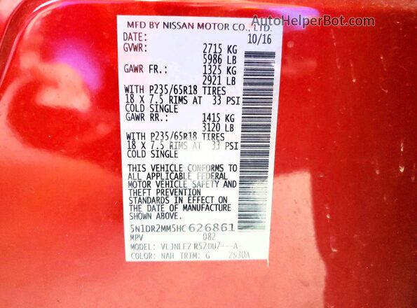 5N1DR2MM5HC626861 2017 NISSAN PATHFINDER Red VIN კოდის სტიკერის ხედი