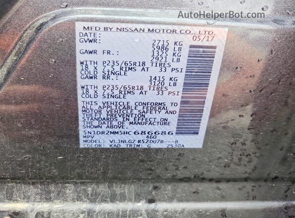 5N1DR2MM5HC686686 2017 NISSAN PATHFINDER Gray VIN კოდის სტიკერის ხედი