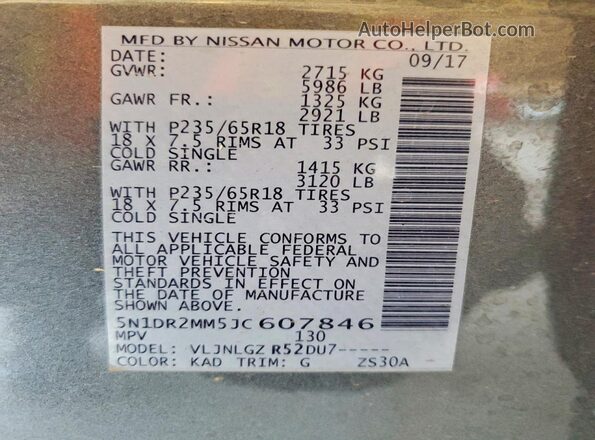 5N1DR2MM5JC607846 2018 NISSAN PATHFINDER Серый Вид наклейки с VIN-кодом